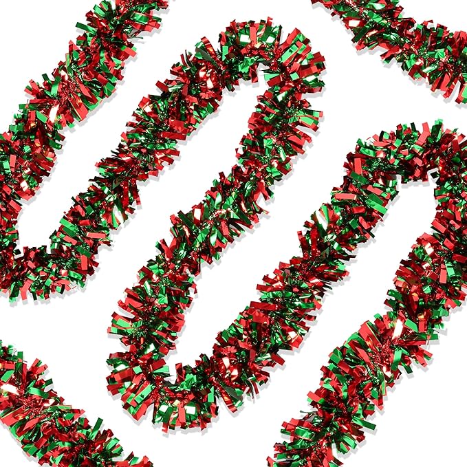 50 Feet Red & Green Metallic Twist Shiny Christmas Tinsel Garland for Tree & Home Decor