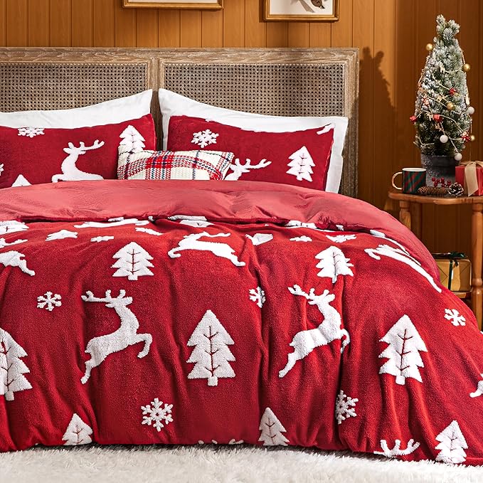 Bedsure Fluffy Christmas Duvet Cover Set - Ultra Soft Plush Shaggy Comforter Cover Twin Size, Warm Flannel Fleece Bed Sets for Winter, 2 Pieces, Reindeer Pattern, Red