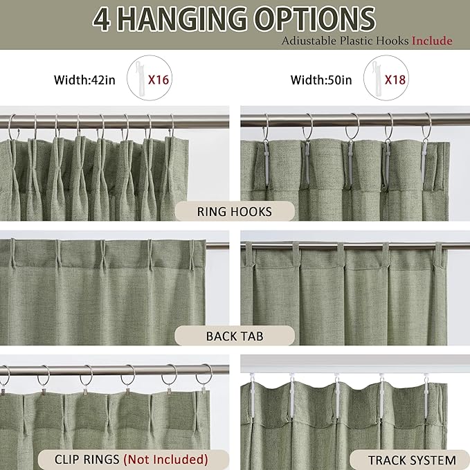 RAIN CITY Sage Sheer Curtains 90 Inches Long Linen Blend Fabric Modern Cottage Core Drapes for Living Room Bedroom Pinch Pleated Back Tab Boho Green Curtain Panels 2 PCs