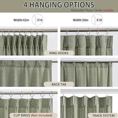 102 Inch Long Curtains Pinch Pleat, Back Tab Sheer Pleated Curtains for Bedroom Dining Room,102 Length 2 Panel Set,Sage Green Color 42 Inches Wide