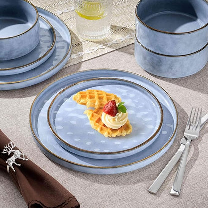 Herogo 24 Pieces Dinner Plates and Bowls Sets for 8, Stoneware Dinnerware Sets for Kitchen Dining, Reactive Glaze, Dishwasher & Microwave Safe, Haze Blue