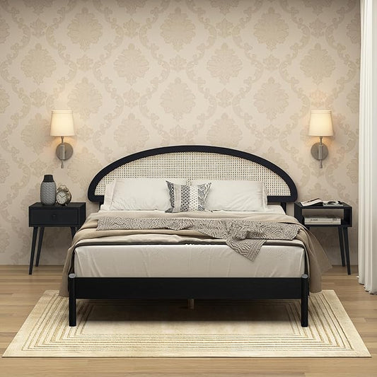 NTC Gem Wooden Bed Frame with Headboard and Natural Rattan, Solid Oak Foundation with Silent Slats, 1000 Lb Capacity, Effortless Assembly, Queen - Burnt Black