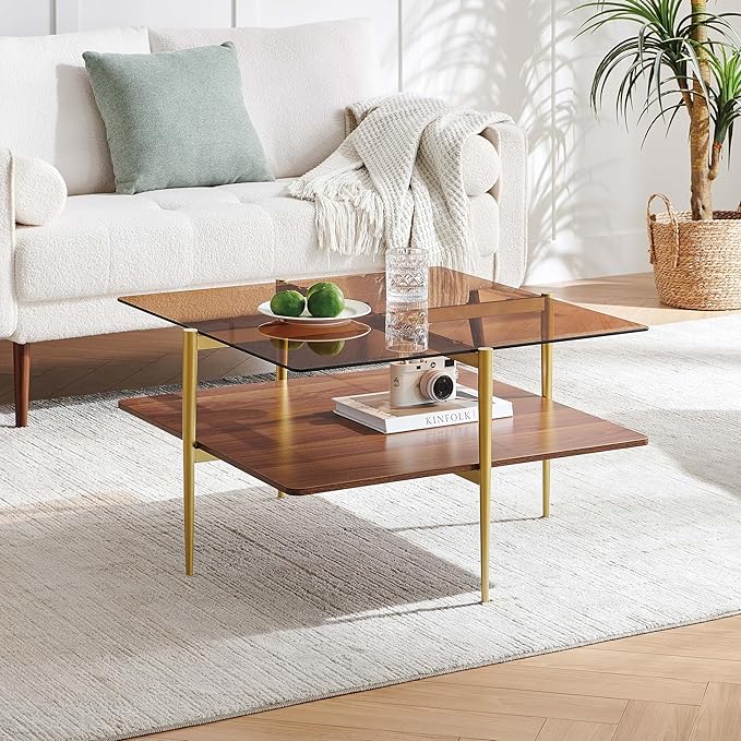 Square Coffee Table, Mid-Century Modern Design, L30 x W30 x H17 Inch, for Living Room, 2-Tier Structure, Amber Glass Top and Walnut Wood Shelf, Sleek Conical Metal Legs with Gold Finish