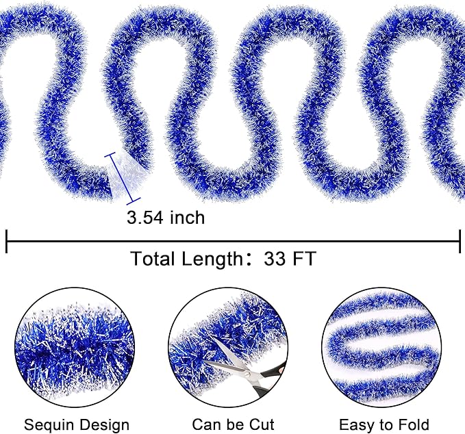 33FT Blue Tinsel Christmas Garland Metallic Twist Shiny Garland for Christmas Tree Decorations, Xmas Holiday Hanging Garland for Home Indoor Outdoor Party Supplies Decor (Blue, White)
