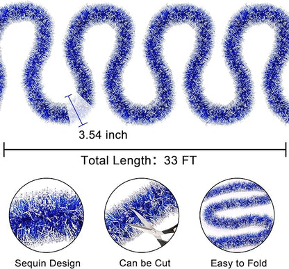 33FT Blue Tinsel Christmas Garland Metallic Twist Shiny Garland for Christmas Tree Decorations, Xmas Holiday Hanging Garland for Home Indoor Outdoor Party Supplies Decor (Blue, White)