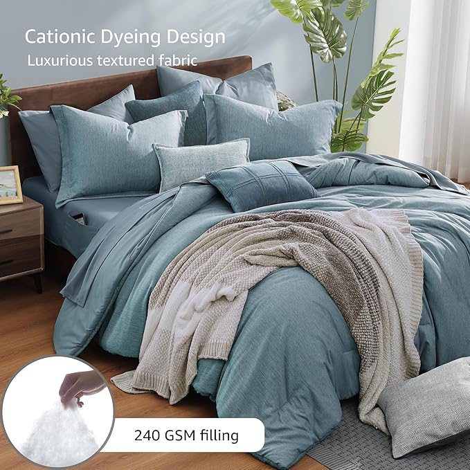 Monbix Full Size Comforter Set-7 Pieces Dusty Blue Cationic Dyeing Bed in a Bag Full Bedding Sets with Comforter, Sheets, Pillowcases & Shams, All Season Reversible Bedding Comforters