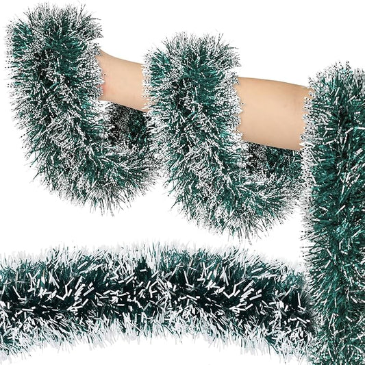 50ft Green & White Christmas Tinsel Garland - Metallic Glitter Twist Garland Hanging Streamers for Xmas Tree Decorations Indoor/Outdoor Decor