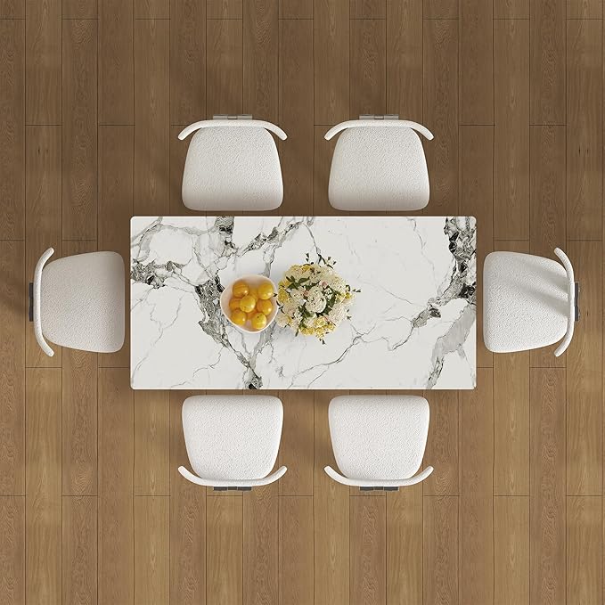 Montary 63" Modern 4-6 Person Dining Table with Storage Cabinet, Artificial Marble Dining Table with Sintered Stone Tabletop & Golden Solid Wood Base, Includes 6 White Velvet Chairs for Kitchen