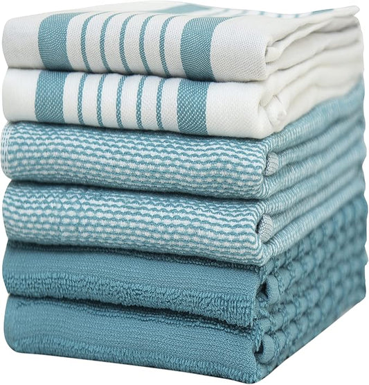 Premium Kitchen Towels 6 Pack Large Cotton Flat Terry Absorbent Tea Towels with Hanging Loop Aqua Striped 20x28