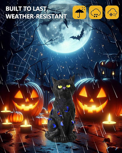 Black Cat Decor Halloween Decorations - 7.3'' Tall Resin Figurine with Moon Cutouts Color-Changing LED Flickering Lights (Halloween Cat)