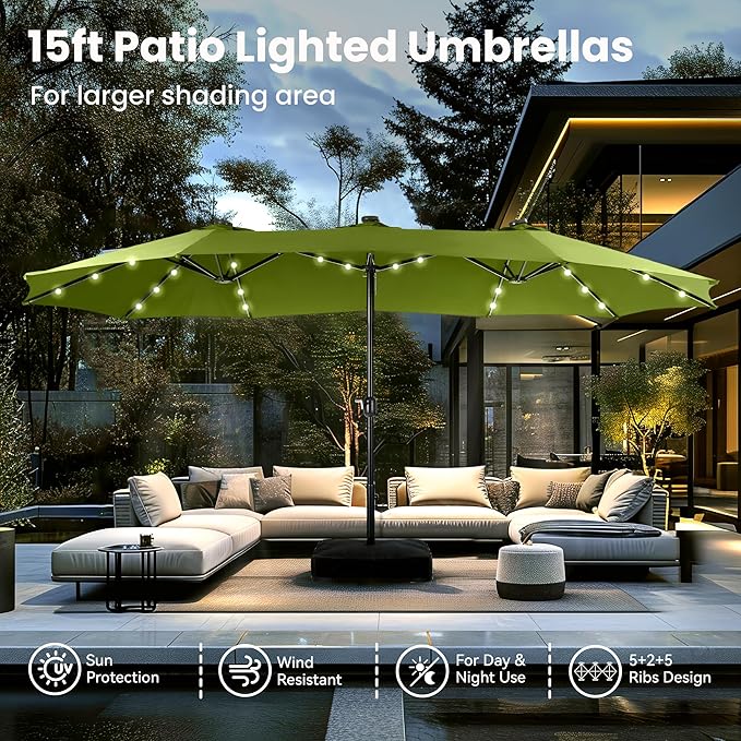PHI VILLA 15 ft Patio Umbrella Outdoor Solar Lights with Base, Outdoor Double-Sided Large Market Rectangle Umbrellas with 36 LED Lights, Lime Green