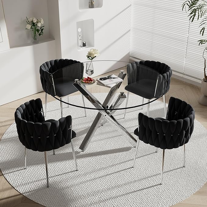 5 Pieces Round Glass Dining Table Set, 47'' Modern Luxury Circle Kitchen Set for 4, Clear Minimalist Circular Dinner Set with Black Woven Chairs Set, for Large Apartment Bedroom (Silver)