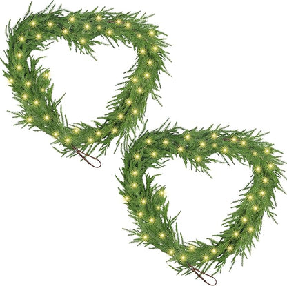 2Pcs 6FT Christmas Norfolk Pine Garland with Light, Lighted Real Touch Norfolk Pine Garland, Artificial Greenery Garlands for Indoor Outdoor Fireplace Wall Stairs Table Xmas Decor