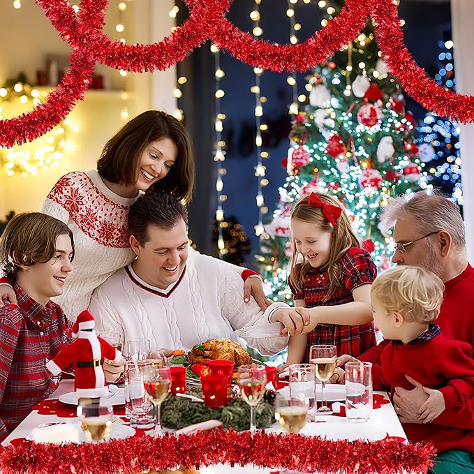 50 Feet Red Christmas Tinsel Garland for Christmas Tree Decorations, Xmas Metallic Twist Shiny Hanging Garland Decor for Mantle Stairs Fireplace Home Holiday Indoor Outdoor