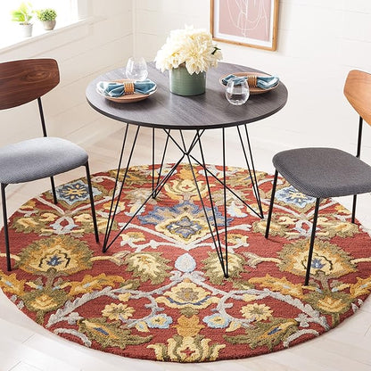 SAFAVIEH Blossom Collection Area Rug - 4' Round, Red & Multi, Handmade French Country Floral Wool, Ideal for High Traffic Areas in Living Room, Bedroom (BLM402Q)