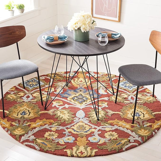 SAFAVIEH Blossom Collection Area Rug - 4' Round, Red & Multi, Handmade French Country Floral Wool, Ideal for High Traffic Areas in Living Room, Bedroom (BLM402Q)