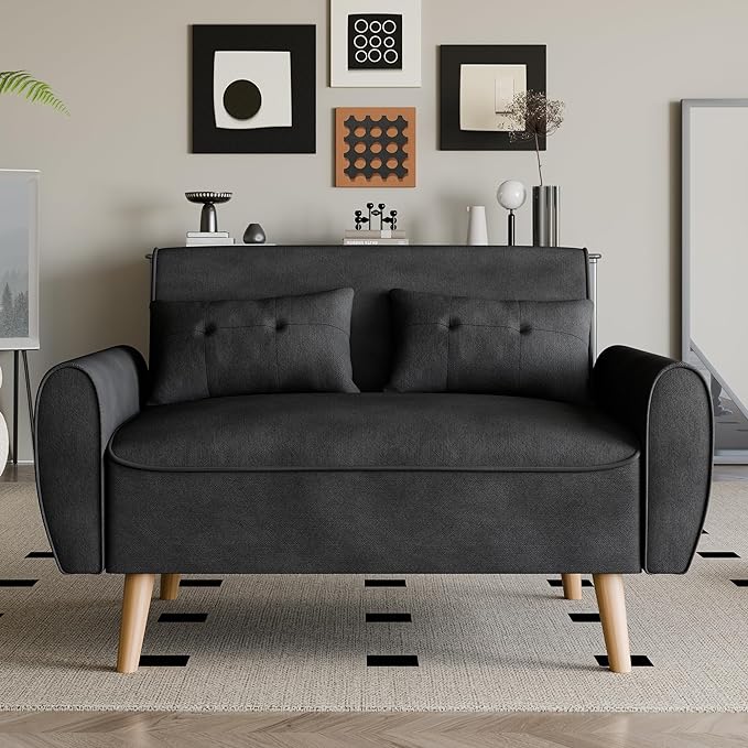 Vongrasig Small Modern Loveseat Sofa 47" Mid Century Linen 2 Seat Couch Tufted LoveSeat, Black