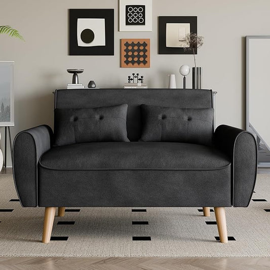 Vongrasig Small Modern Loveseat Sofa 47" Mid Century Linen 2 Seat Couch Tufted LoveSeat, Black