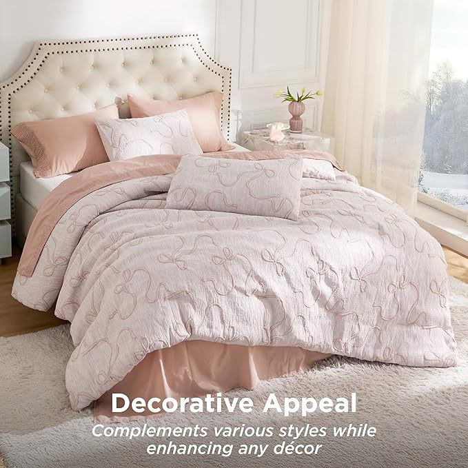 Bedsure King Size Comforter Set, Pink Boho Tufted Bed Set, 3D Puffy Jacquard Bedding King Size, 3 Pieces, 1 Farmhouse Shabby Chic Embroidery Comforter with Bow Pattern & 2 Pillow Cases