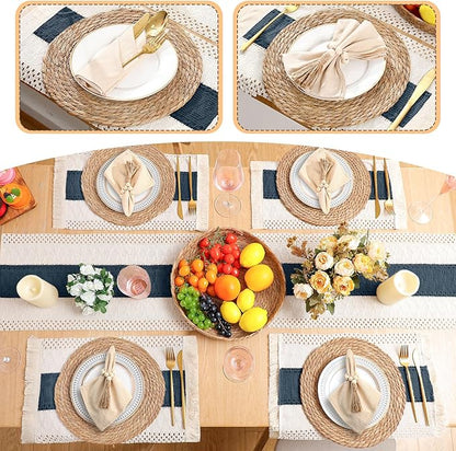 6 Sets Boho Placemats Round Woven Placemats, Cloth Napkins, Wood Bead Napkin Rings, Long Table Runner and Farmhouse Rustic Natural Burlap Cotton for Kitchen Table Home (Blue)