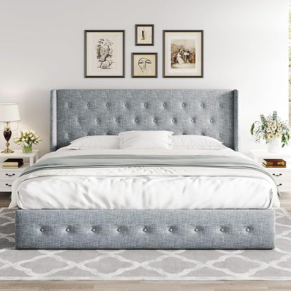 Allewie King Size Lift Up Storage Bed, Button Tufted Headboard with Wingback, Hydraulic Support, No Box Spring Needed, Grey Blue