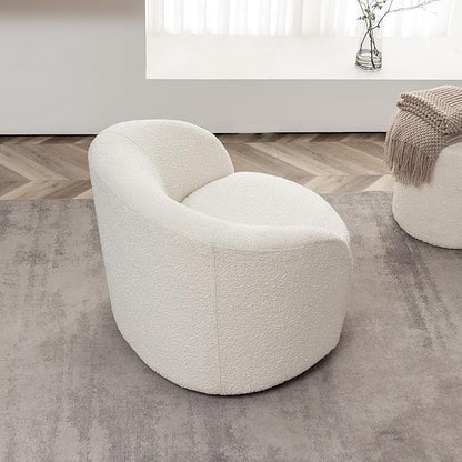 KINWELL 34" W Mid Century Modern Swivel Barrel Chair, Round Upholstered Boucle Swivel Accent Chairs, No Assembly Chair for Living Room Bedroom Reading Apartment Lounge Nursery(Cream)