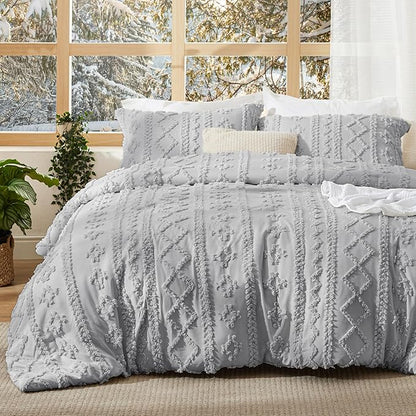 Bedsure Tufted Boho Comforter Set Twin Size - Light Grey Boho Bed Set, GentleSoft™ 2 Pieces Farmhouse Shabby Chic Embroidery Bedding, Gifts for Woman, Soft Jacquard Twin Comforter for All Seasons