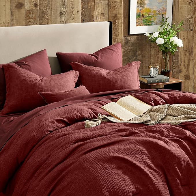 Geniospin Bright Red Queen Comforter Set - 7 Pieces Comforter Queen Size, Solid Bedding Set for All Season, Textured Bed in a Bag with Sheets