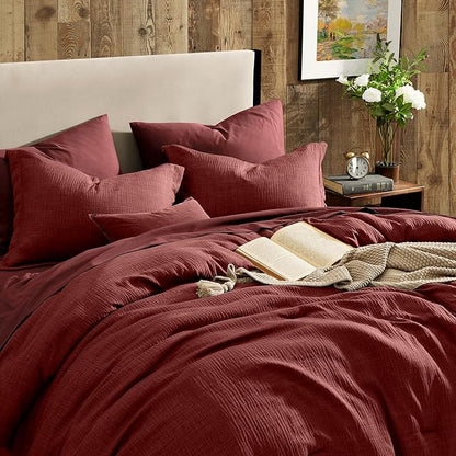 Geniospin Bright Red Queen Comforter Set - 7 Pieces Comforter Queen Size, Solid Bedding Set for All Season, Textured Bed in a Bag with Sheets