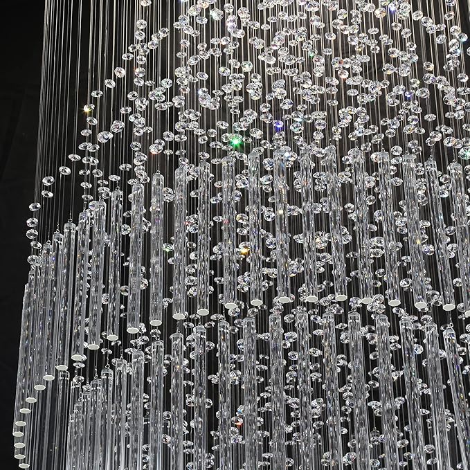 W32 x H100 Glam Chandelier with LED Bulbs Crystal Raindrop High Ceiling Pendant Light for Entrance Large Villa Chandelier Foyer Lighting Fixtures Silver