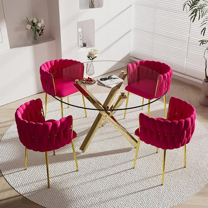 Gold Round Glass Dining Table Set for 4, 47'' Clear Minimalist Circular Dinner Table Set, 5 PCS Modern Luxury Circle Kitchen Table and Rose Red Woven Chairs Set, for Large Apartment Home