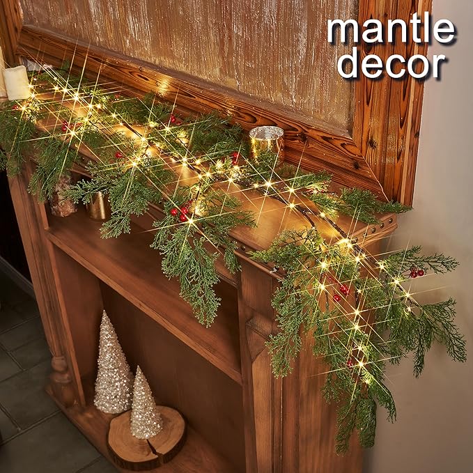 Fudios Lighted Pine Garland with Timer Red Berry Decor 80 LED 6FT Battery Operated USB Plug in,Lit Christmas Garland Cypress Leaves Lights for Home Mantle Inside