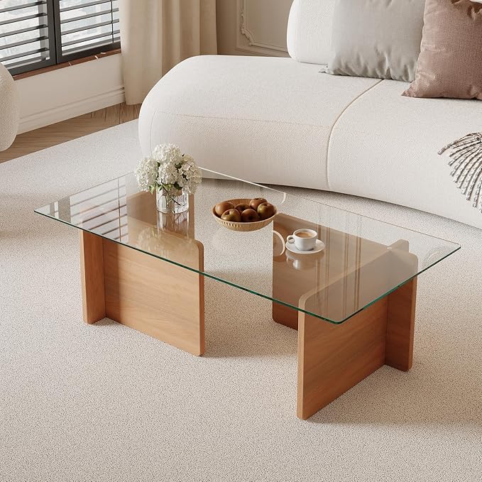 Modern Glass Coffee Table, Artistic Rectangular Coffee Table with Tempered Glass Top and Geometric Wooden Base, Designer Minimalist Center Table for Living Room, Small Space, Apartment, Office