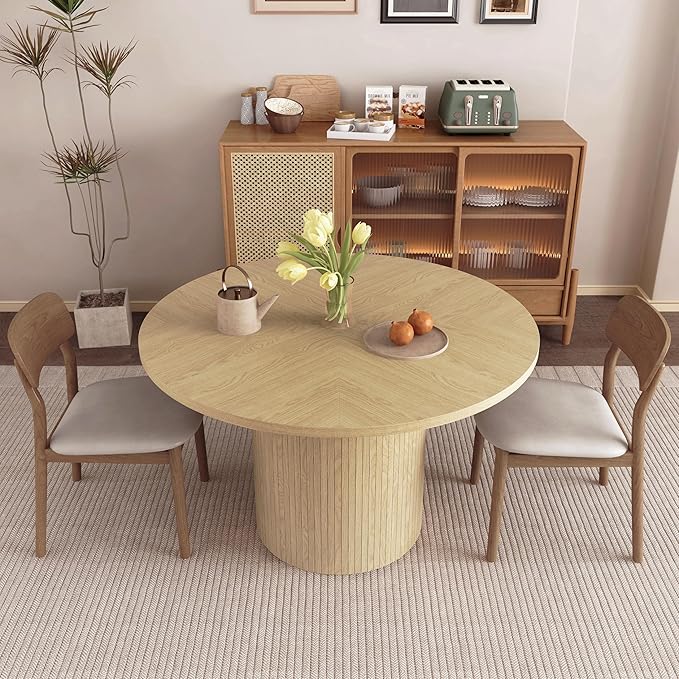 Round Dining Table for 4, Modern Farmhouse Kitchen Table, 47 Inch Small Circle Dining Tables with Wood Strip Base for Kitchen Living Room (Natural)