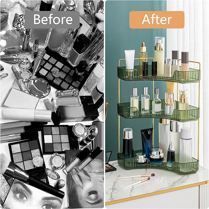 Corner Bathroom Counter Organizer Bathroom Countertop Shelf Makeup Organizer for Vanity Perfume Corner Storage (3 Tiers, Green)
