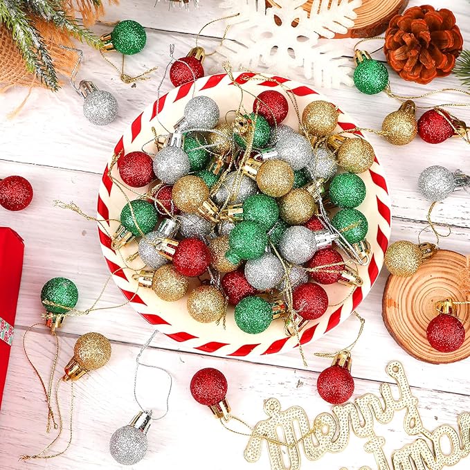 Jansun 60PCS Christmas Mini Balls Ornaments Miniature Xmas Tree Hanging Decorations Small Vintage Glitter Balls for Holiday Party Outdoor Indoor DIY Craft Decor Supplies (Glitter Surface) ﻿