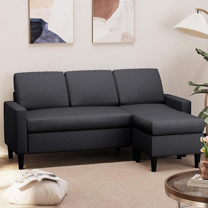 Shintenchi Convertible Sectional Sofa 3 Seat L Shaped Sofa with Movable Ottoman Linen, Black