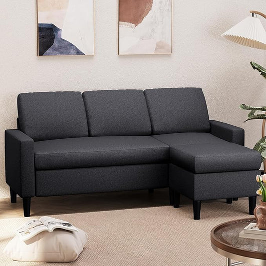 Shintenchi Convertible Sectional Sofa 3 Seat L Shaped Sofa with Movable Ottoman Linen, Black