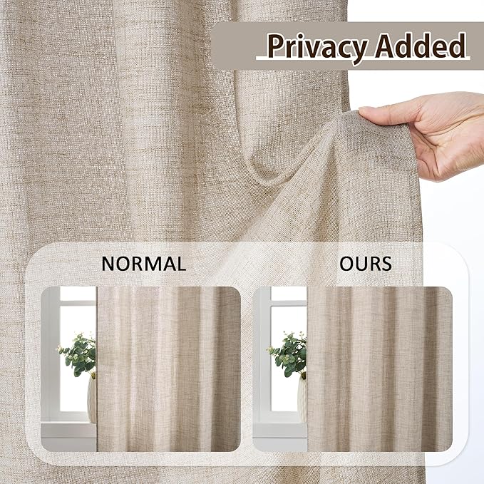 Beige Sheer Pinch Pleated Curtains 100 Inches Long 2 Panels,Back Tab Pleated Drapes Hooks Thick Linen Textured Boho Farmhouse Curtain for Dining Bedroom 70 Inch Wide Each Panel