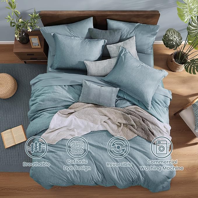 Monbix Full Size Comforter Set-7 Pieces Dusty Blue Cationic Dyeing Bed in a Bag Full Bedding Sets with Comforter, Sheets, Pillowcases & Shams, All Season Reversible Bedding Comforters