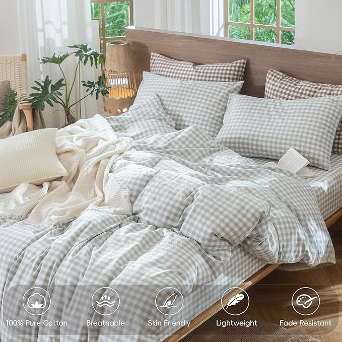 MooMee Gingham Duvet Cover Set 100% Washed Cotton Linen Like Textured Breathable Durable Soft Comfy Modern Checkered Design (Northern Droplet Grey Gingham, Queen 90"x90")