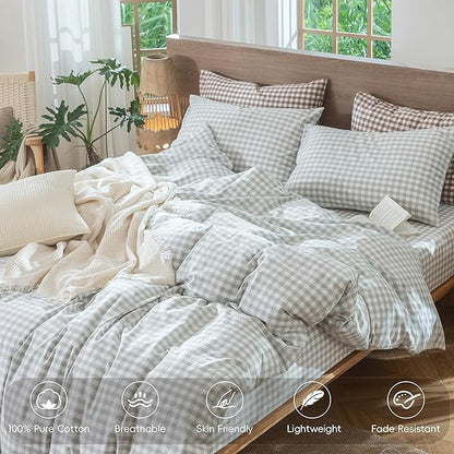 MooMee Gingham Duvet Cover Set 100% Washed Cotton Linen Like Textured Breathable Durable Soft Comfy Modern Checkered Design (Northern Droplet Grey Gingham, Full 80"x90")