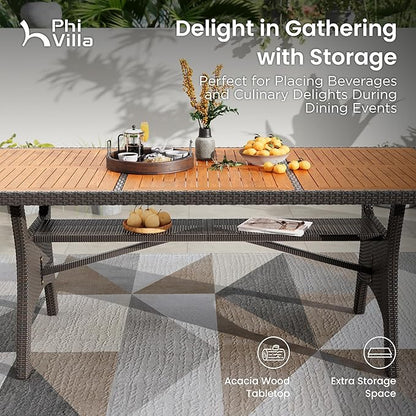 PHI VILLA Outdoor Dining Table for 6/8, 74" Rectangle Wicker Table with Acacia Wood Top & Storage Panel, Large Farmhouse Modern Furniture for Patio, Deck, Backyard, Porch