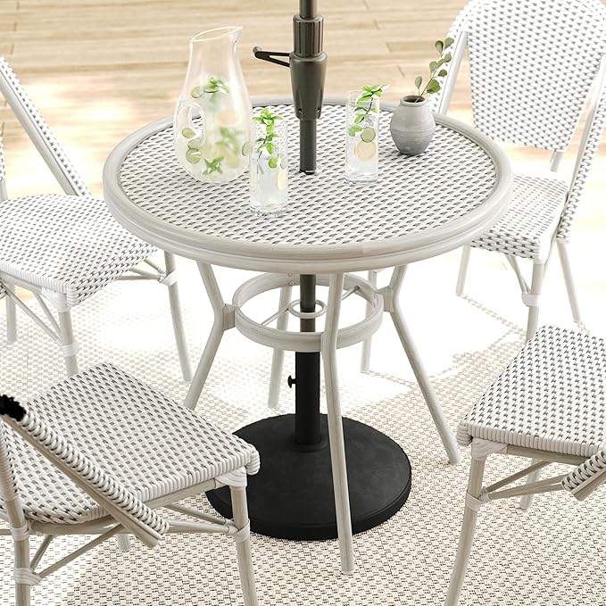Martha Stewart Lily Pond 31” Round Indoor Outdoor Bistro Dining Table with Aluminum Frame in Gray Woodgrain and Rattan Top in White/Gray with Tempered Glass Top