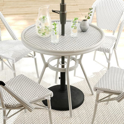 Martha Stewart Lily Pond 31” Round Indoor Outdoor Bistro Dining Table with Aluminum Frame in Gray Woodgrain and Rattan Top in White/Gray with Tempered Glass Top