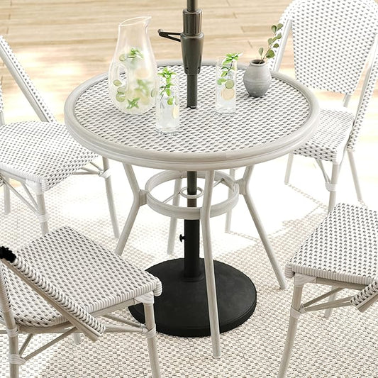 Martha Stewart Lily Pond 31” Round Indoor Outdoor Bistro Dining Table with Aluminum Frame in Gray Woodgrain and Rattan Top in White/Gray with Tempered Glass Top