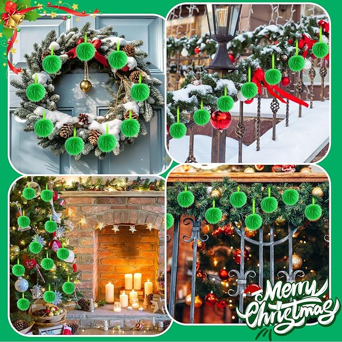 12 Pcs Lime Green Furry Christmas Ball Ornaments for Xmas Tree Hanging Decorations Soft Faux Fur Pom Pom Ball Home Fireplace Party Mantel DIY Decor (2.4 Inches)