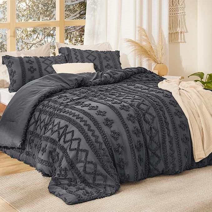 Bedsure Tufted Boho Comforter Set King Size - Dark Grey Boho Bed Set, GentleSoft™ 3 Pieces Farmhouse Shabby Chic Embroidery Bedding, Gifts for Woman, Soft Jacquard King Comforter for All Seasons