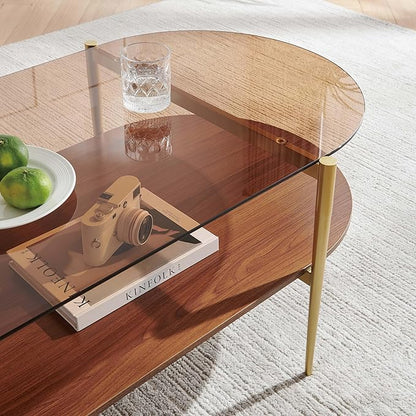 X-Large Oval Glass Coffee Table, Mid-Century Modern Design, L47 x W24 x H17 inch, for Living Room, Amber Glass Top and Walnut Finish Wood Shelf, Conical Legs with Gold Finish Frame