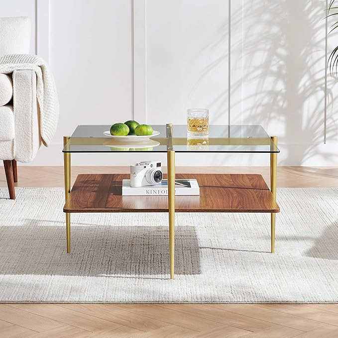 X-Large Oval Glass Coffee Table, Mid-Century Modern Design, L47 x W24 x H17 inch, for Living Room, Clear Glass Top and Walnut Finish Wood Shelf, Conical Legs with Gold Finish Frame